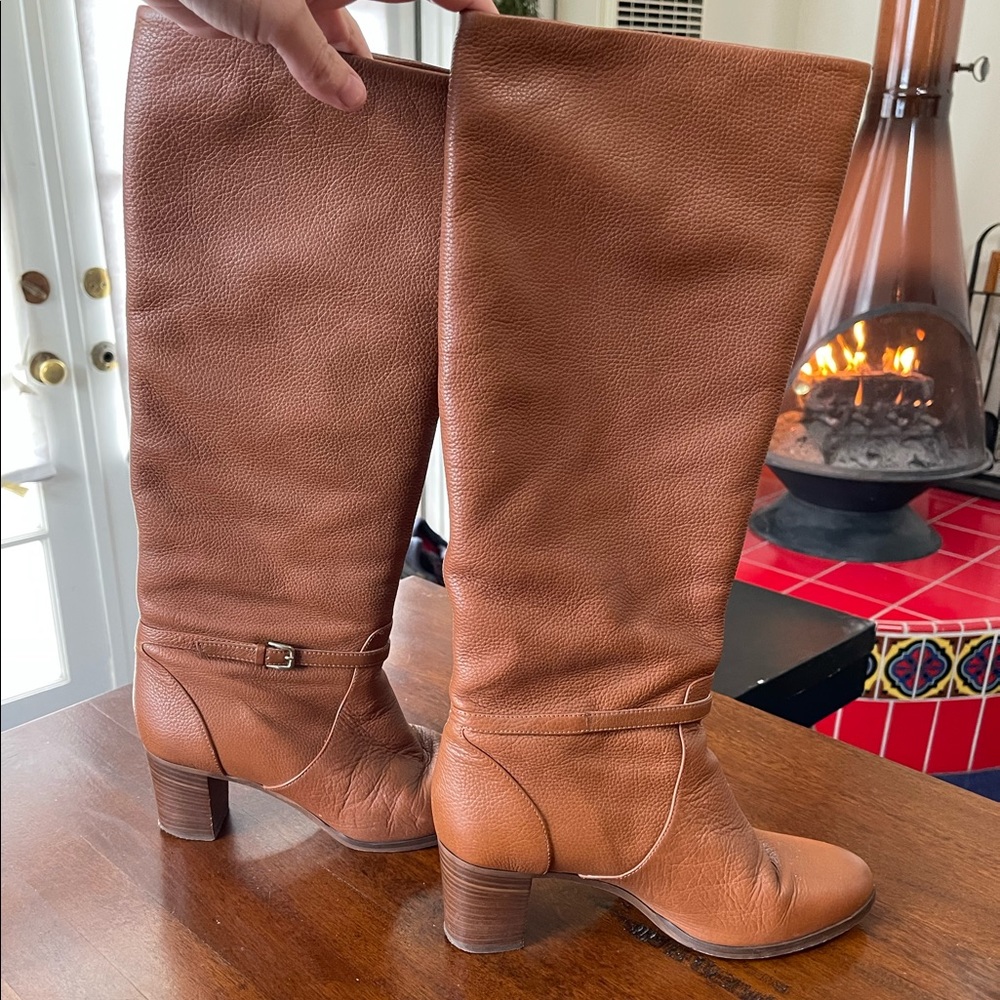 J.CREW Booker Mid Heel Brown Leather Tall Boots Buckle Knee Height Size 8.5 M